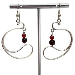 Sterling Silver 925 Red & Black Crystal Freeform Dangle Earrings 2.5" Length